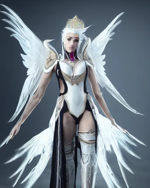 Prompt: attractive white haired egyptian queen wearing white dove wings, warframe armor, regal, attractive, ornate, sultry, sexy, steamy, elize theron, pretty face, green eyes, scifi platform, 4 k, ultra realistic, epic lighting, illuminated, cinematic, black gold, art by akihito tsukushi, voidstar