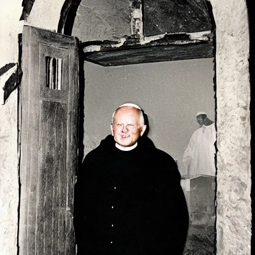 Image similar to photogrqph of john paul ii standing in the entrance to a small burning church building, at night, pitch black