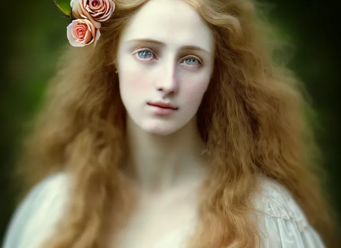 Prompt: portrait photography of a beautiful woman how pre-Raphaelites beauty type in style of Giovanni Gastel, britt marling style 3/4 , natural color skin, realistic detailed eyes, long blond hair are intricate with highly detailed realistic branches with little point rose' gems flowers like a crown, a beautiful ethereal lace transparent point rose' dress, 8K, soft focus, melanchonic soft light, volumetric lighting, highly detailed Realistic, Refined, Highly Detailed, natural point rose' outdoor soft pastel lighting colors scheme, blu color scheme background, soft blur outdoor lighting, fine art fashion photography