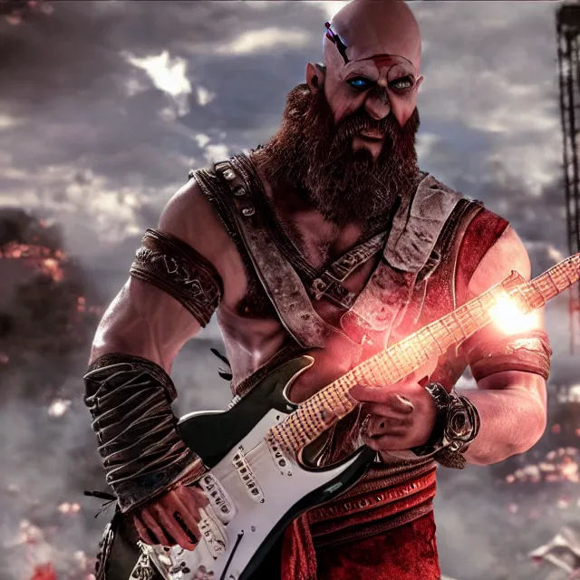 Prompt: sunglasses wearing kratos rocking out on a stratocaster guitar, cinematic render, god of war 2 0 1 8, playstation studios official media, sunglasses