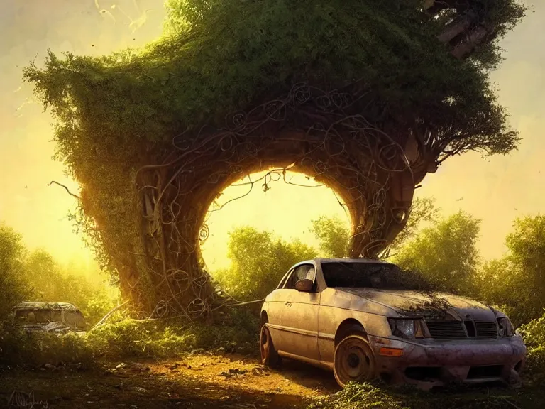 a tree growing inside scrap car in ancient greek | Stable Diffusion