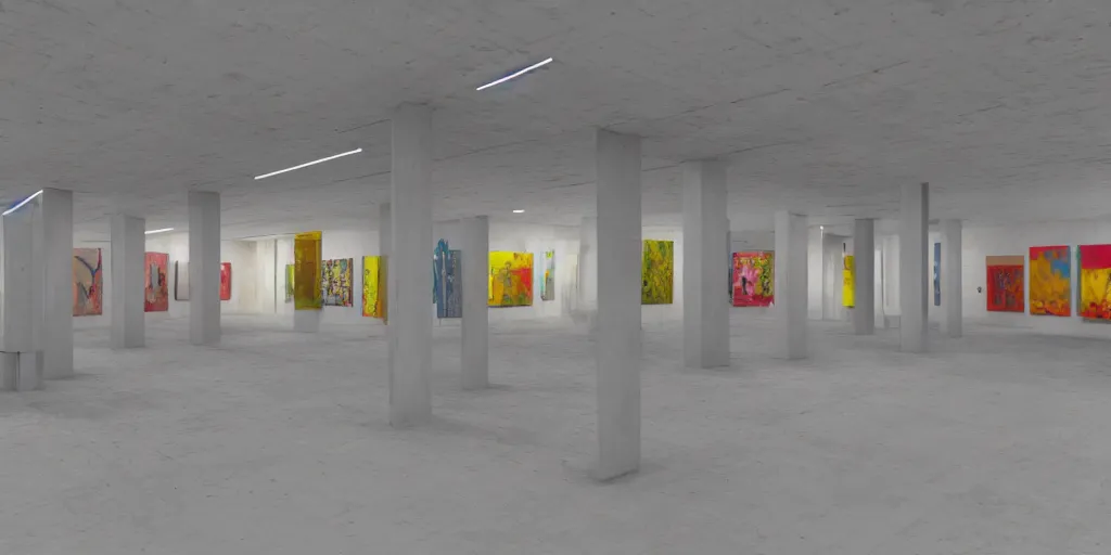 Image similar to coloured 3 d octane model of a brutalism art gallery, highly detailed