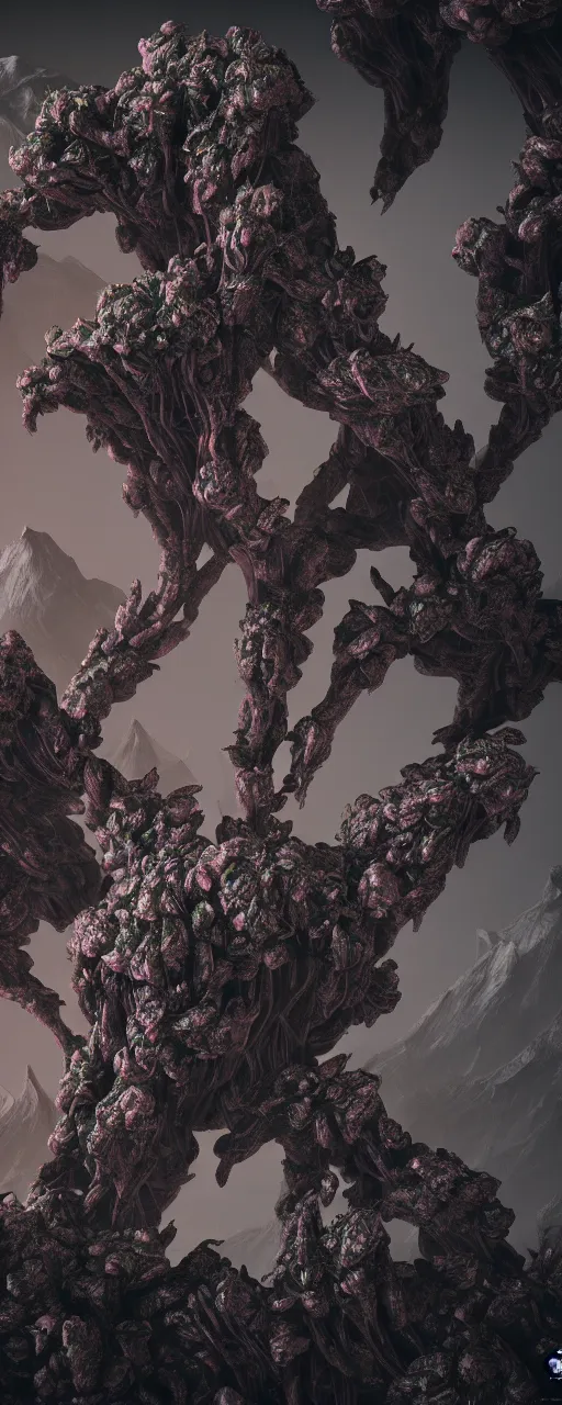 Image similar to visceral exoskeletal formations surrounding of aliens flowers and plants, mythical mountains, dramatic dark contrast lighting, surreal, hyper detailed, cycles 3 d render, 8 k