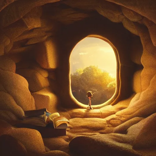 Image similar to books cave, atmospheric, dof, wide angle, very coherent composition, masterpiece, incredible details, highly detailed, photorealistic, disney pixar, warm colours, atmospheric, cozy place, smooth, hole as a window, octane render, iridescent, 8 k