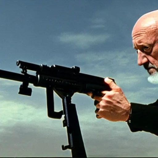 Image similar to Film Still of Mike Ehrmantraut aiming a mounted machine gun, 8k, highly detailed, centered