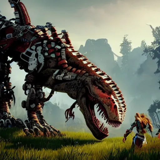 Image similar to cinematic still of horizon zero dawn, si - fi robotic tyrannosaurus rex, highly detailed