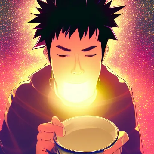 Image similar to A man drinking a cup of cosmic energy bright light by Masafumi Harada, 4k, digital art, surreal, anime style, space dandy style, highly detailed, godsend, artstation