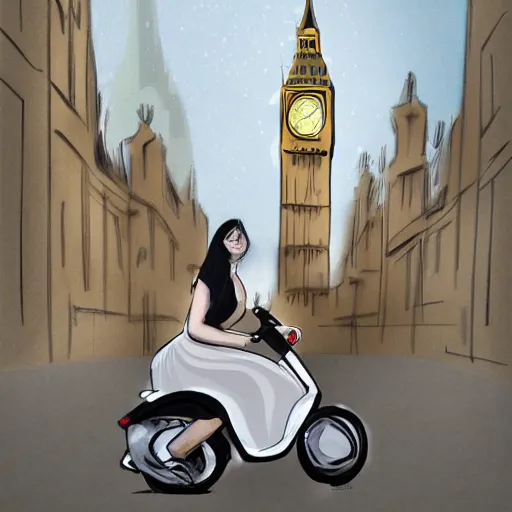 Prompt: a sketch drawing, a woman on a scooter, dressed in a white dress with a floral print, a view of big ben,, photorealistic, by gabo mendoza, trending on artstation