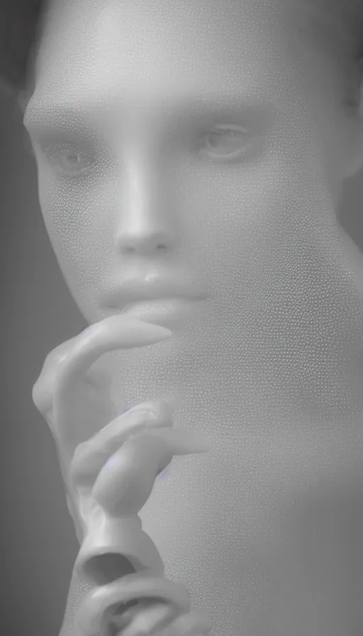 Image similar to FujiFilm X-T3 + XF50-140mm f/1.4 photograph of Arca emerging from fog, Arca mechanical limbs, Arca opal flesh, Arca face portrait with translucent aerogel skin