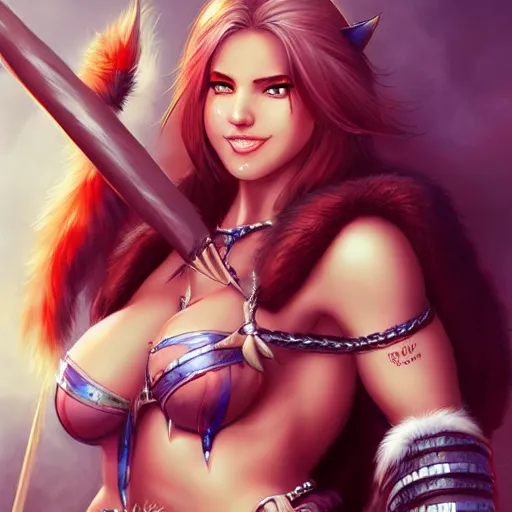 Image similar to very beautiful female barbarian, smiling, flirty, eye contact, perfect face, perfect body, drawn by artgerm