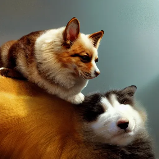 Image similar to fluffy cat riding on top of a corgi, realistic, portrait, intricate, detailed, volumetric lighting, scenery, digital painting, highly detailed, artstation, sharp focus, illustration, concept art, ruan jia, steve mccurry