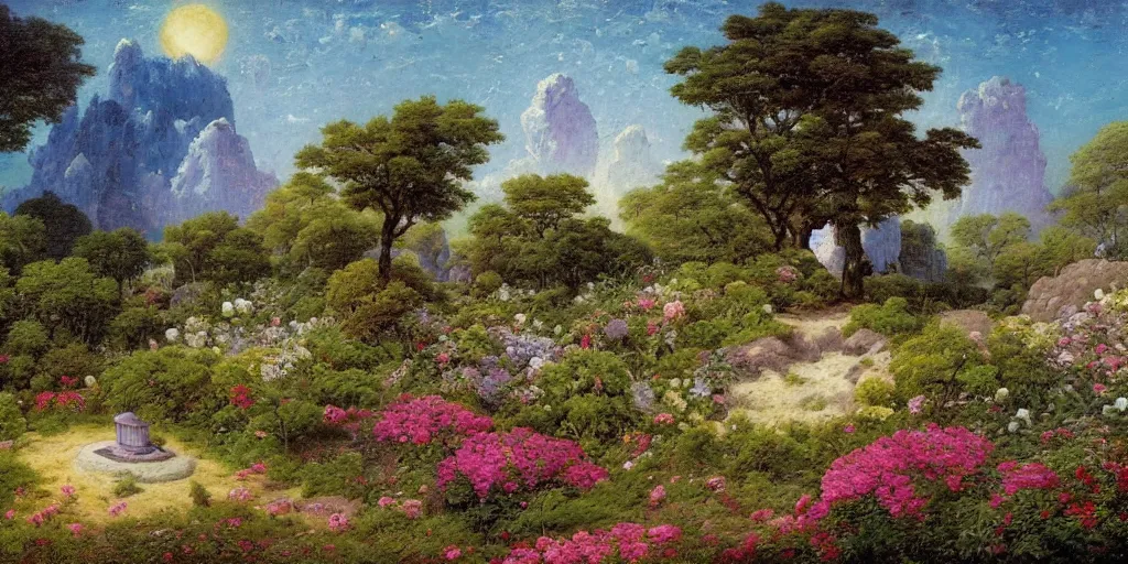 Image similar to a flowering garden in a crater on the moon, a small garden shed is standing beside the crater, impasto paint in the style of martin johnson heade and h. r. giger,