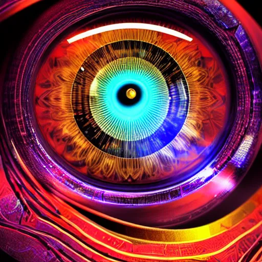 Prompt: Cybernetic Eye with intricate reflections and circuits, colorful, fantasy, vivid colors, concept art, sharp focus, digital art, Hyper-realistic, 4K, Unreal Engine, Highly Detailed, HD, Dramatic Lighting by Brom, trending on Artstation