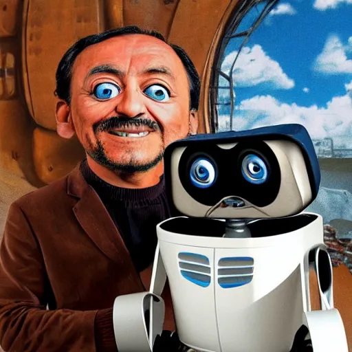Image similar to wall-e with head of salvador dalí surprised