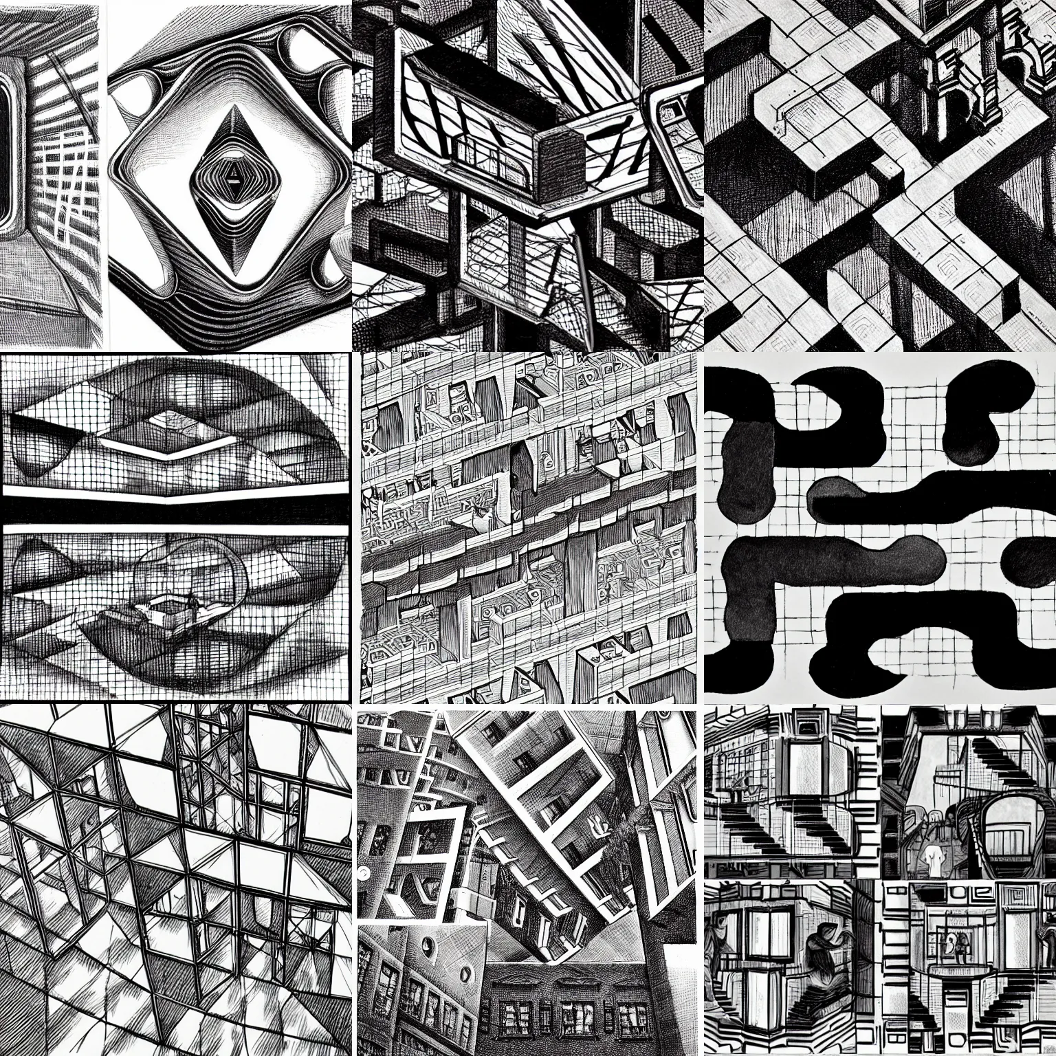 Prompt: opposing smart phones taking pictures of each other, infinite recursion, ink drawing, in the style of m. c. escher