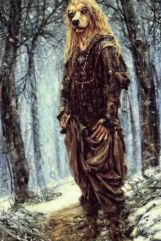 Image similar to slavic dog head man, woolen torso in medieval clothes, walking in the forest, orthodox saint christopher, art by luis royo, oil painting, painting by viktor vasnetsov, concept art, hyperrealism, beautiful, high resolution, trending on artstation,