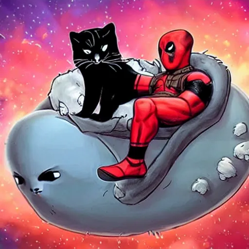 Image similar to deadpool riding on fluffy cat in space