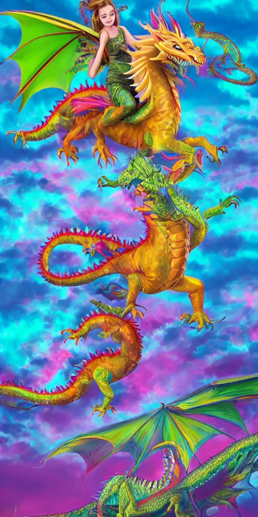 Prompt: teenage girl riding a dragon, digital art, highly detailed, smooth, lisa frank, realistic, bright