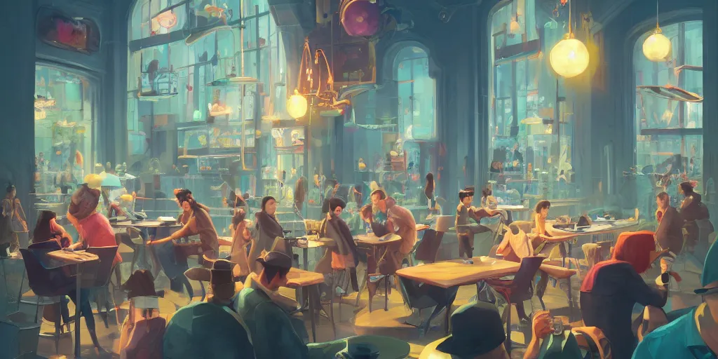 Prompt: in the center foreground a wizard with a pointy hat sips his coffee by Ross Tran, people stare in the busy coffee shop, digital art by beeple and RHADS, ultra realistic, award winning, artstation, unreal render,