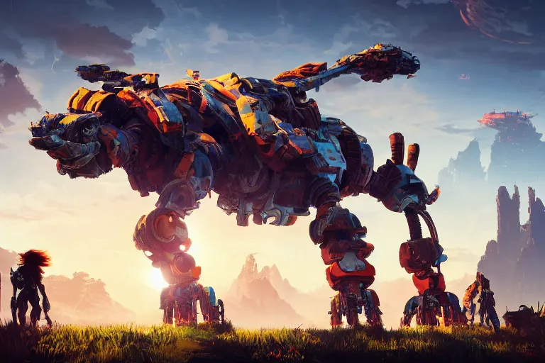 Image similar to scrapper machine mecanical creature robot of horizon forbidden west horizon zero dawn radiating a glowing aura global illumination ray tracing hdr fanart arstation by ian pesty and alena aenami artworks in 4 k