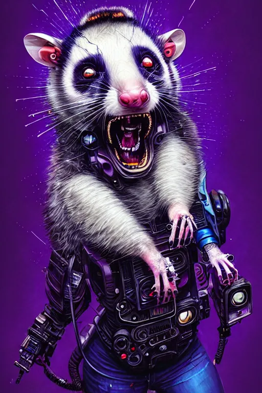 Image similar to a beautiful portrait of a cute cyberpunk opossum screaming by sandra chevrier and greg rutkowski and wlop, purple blue color scheme, high key lighting, volumetric light, digital art, highly detailed, fine detail, intricate, ornate, complex, octane render, unreal engine, photorealistic