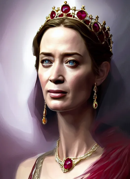 Image similar to portrait of emily blunt as queen, jewelry, greek, ruby, victorian age, 1 8 9 0, intricate, headshot, key visual, conceptart, ambient lighting, highly detailed, digital painting, artstation, concept art, sharp focus, by makoto shinkai and akihiko yoshida and greg manchess