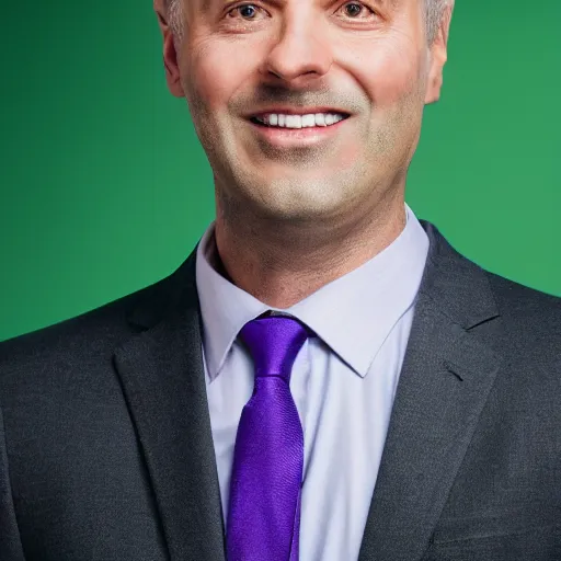 Image similar to corporate portrait, senior sales director, purple green color scheme, professional studio lighting, hyperreal detailed lifelike facial features, corporate portraiture, headshot,