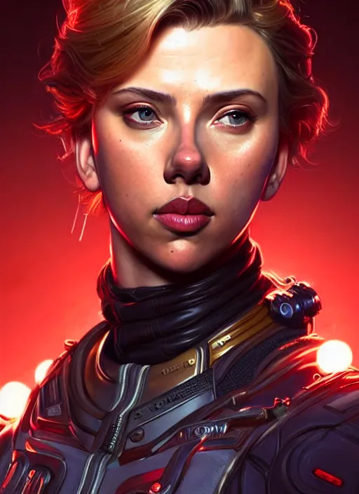 Image similar to portrait of apex legends scarlett johansson, intricate, elegant, glowing lights, highly detailed, digital painting, artstation, glamor pose, concept art, smooth, sharp focus, illustration, art by artgerm and greg rutkowski, artey freytag