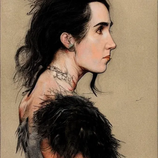 Prompt: character concept art of youthful young jennifer connelly with black feathers instead of hair, black lips, feathers growing out of skin, feathers growing from arms, black hands with long black claws, pale and sickly, profile view, renaissance, rembrandt, oil painting, very highly detailed