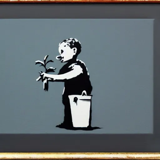 Image similar to banksy art addict painting on canvas