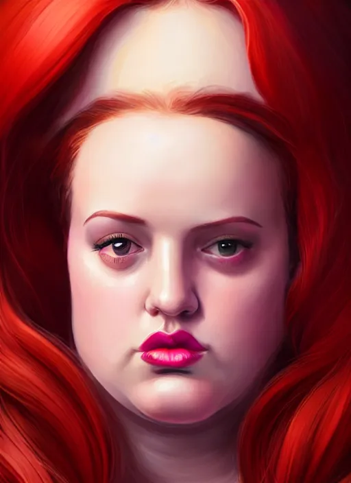 Image similar to full body portrait of teenage cheryl blossom, obese, bangs, sultry, realistic, red hair, sultry smirk, wavy hair, pink skirt, fat, belly, intricate, elegant, glowing lights, highly detailed, digital painting, artstation, concept art, smooth, sharp focus, illustration, art by wlop, mars ravelo and greg rutkowski