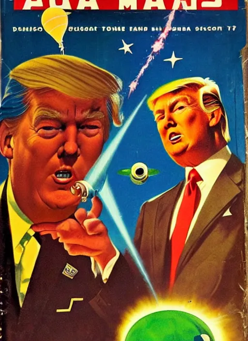 Prompt: 5 0 s sci fi pulp magazine cover of donald trump on mars pointing a ray gun to evil green martians, rocket on the background, by norman rockwell, by drew struzan, high res