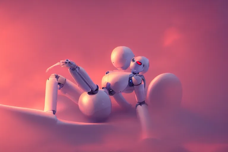 Image similar to a cute robot girl sitting on a cloud relaxing, red lighting, mist, blender render,