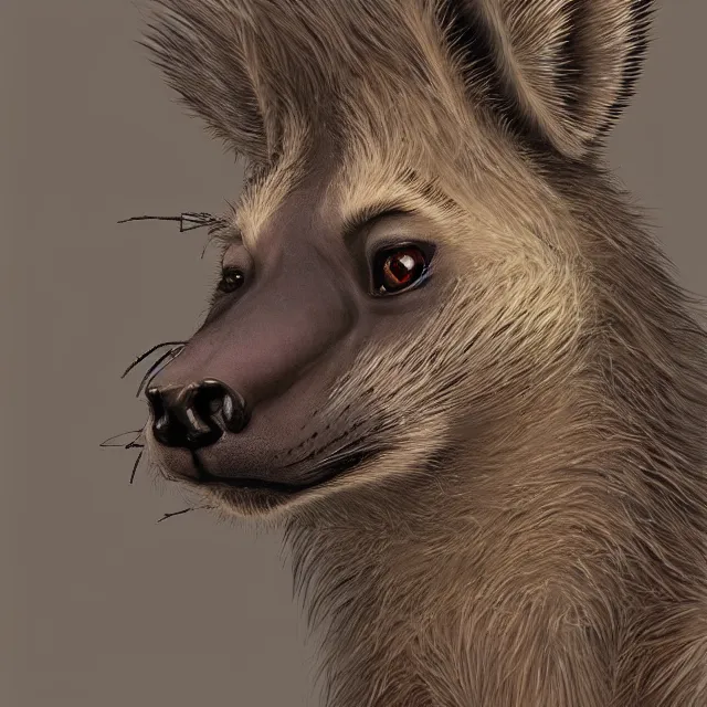 Image similar to a beautiful portrait of a cute anthropomorphic humanoid brown hyena fursona. big eyes. character design by cory loftis fenghua zhong ryohei hase isma