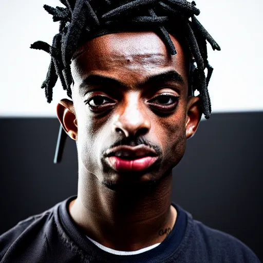 Image similar to portrait of down syndrome playboi carti sharp focus, 4 k editorial photograph, soft lighting, black background