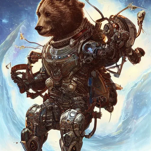 Prompt: An epic fantasy painting Elon Musk riding a cyborg biomechanical bear into battle, hyperdetailed, intricate, by Artgerm, trending on artstation