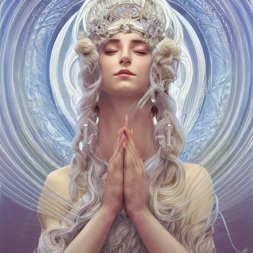 Image similar to goddess, white hair, long hair, hands spread out, accepting prayers, intricate, elegant, ethereal, highly detailed, digital painting, artstation, concept art, smooth, sharp focus, illustration, art by artgerm and greg rutkowski and alphonse mucha