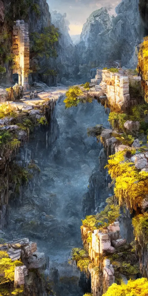 Prompt: Gorge in the mountain, white stone temple ruins, night dramatic lighting, blue, yellow and purple tones, wide camera angle, matte painting, trending on ArtStation, concept art, delightful surroundings, high detail, sharp contrast, picturesque, 4K, 8K, super graphically realistic detailed, high definition, HDR