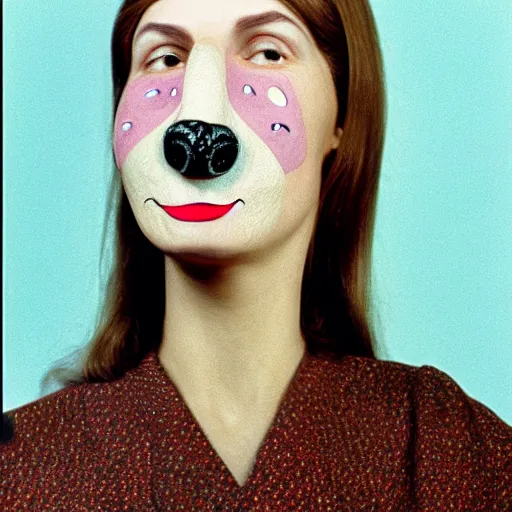 Image similar to woman with a nostril face, long snout, wearing eyeballs on her head, outdoors 1974 arthouse film, archival footage, technicolor film