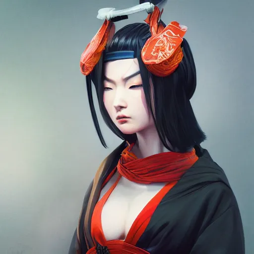 Image similar to geisha ninja girl anime, hyper detailed, digital art, trending in artstation, cinematic lighting, redhead, studio quality, smooth render, fluorescent skin, unreal engine 5 rendered, octane rendered, art style by klimt and nixeu and ian sprigger and wlop and krenz cushart