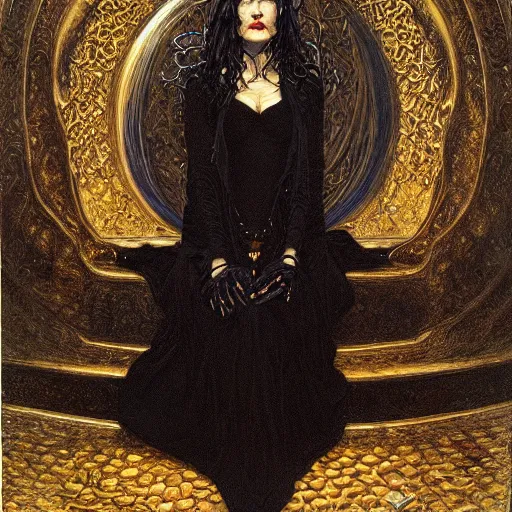 Prompt: portrait of a witch, dressed in black clothes, embroidered with gold, by donato giancola.