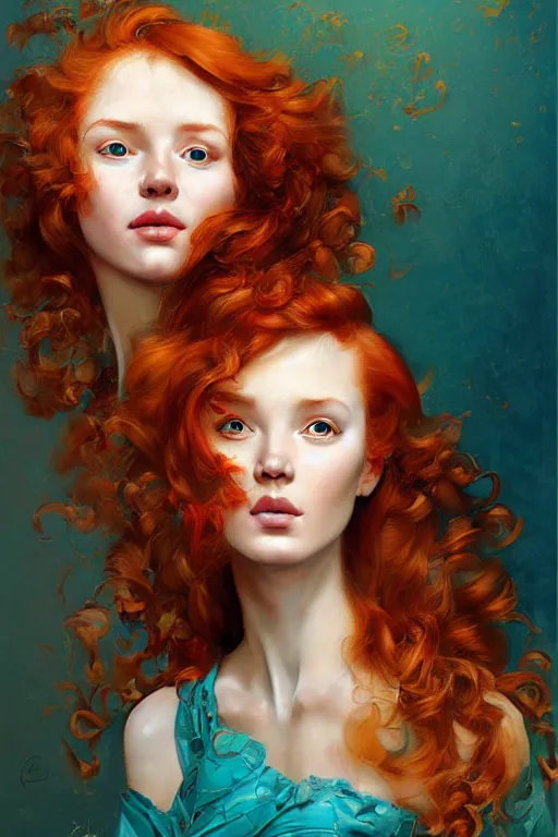 Prompt: hyper realistic painting portrait of a redhead girl with flowing curls and closed eyes, golden skin and turquoise background, hyper detailed face by stjepan sejic, by norman rockwell, by michael hussar, by roberto ferri, by ruan jia, textured turquoise background