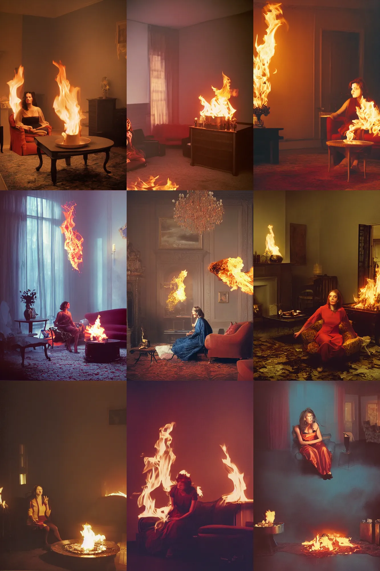 Prompt: full color Photograph of a woman in flames while sitting in an elegant living room by Gregory Crewdson