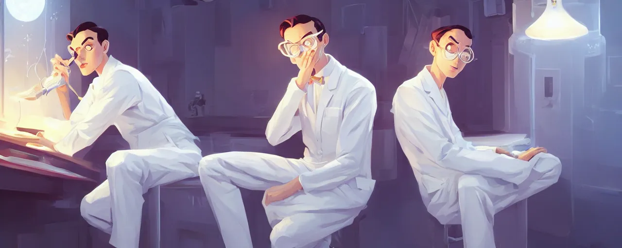 Prompt: exhousted young scientist with short slicked - back hair, sleeping in a labratory - wearing white suit, wearing, digital art, behance hd by jesper ejsing, by rhads, makoto shinkai and lois van baarle, ilya kuvshinov, rossdraws global illumination.