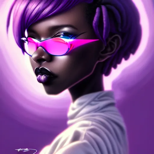 Image similar to portrait of a black anime manga girl, french bob hair, white hair, purple colored eyes, by artgerm, james jean, tom bagshaw, gerald brom, vaporwave colors, lofi colors, vaporwave, lofi, goth vibe, 4 k, smooth, hd, substance designer render, full body character concept art, symmetrical, 2 point lighting,