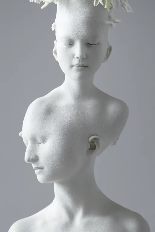 Image similar to full head and shoulders, beautiful female porcelain sculpture by daniel arsham and james jean, smooth, all white features on a white background, delicate facial features, white eyes, white lashes, detailed tangled white lillies and lillie leaves on the head, volumetric lighting