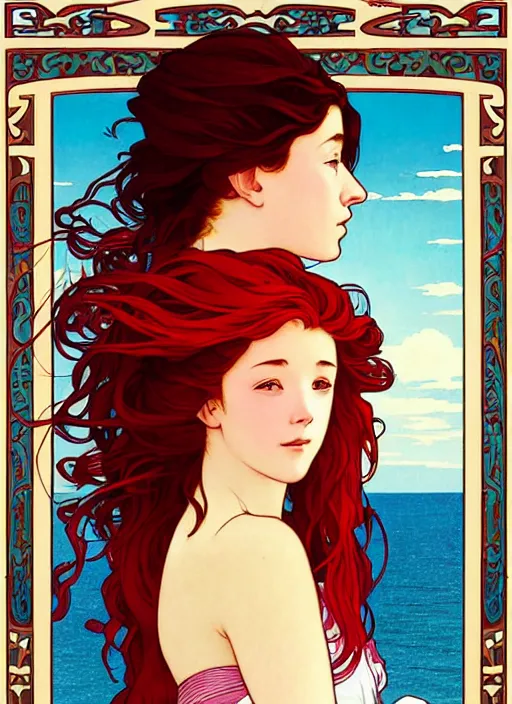 Image similar to a pretty young woman with long red hair blowing in the wind is leaning on the rail of a sailing ship, looking out to sea, path traced, highly detailed, high quality, digital painting, by studio ghibli and alphonse mucha, ron cobb, leesha hannigan, hidari, art nouveau, chiho aoshima, jules bastien - lepage