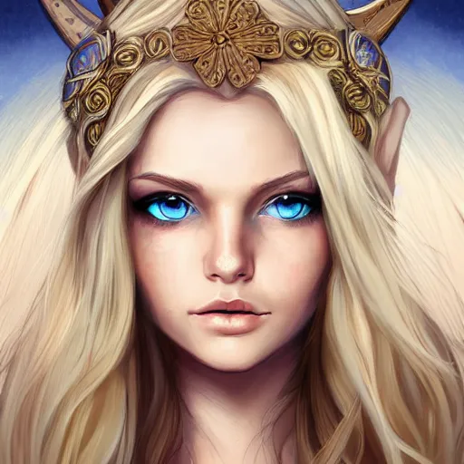 Image similar to portrait, 30 years old women :: fantasy :: blue eyes, long straight blonde hair, flower in hair :: attractive, symmetric face :: brown medieval cloting, natural materials :: high detail, digital art, RPG, concept art, illustration