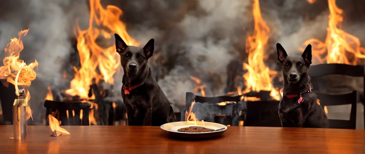 Prompt: a photograph (flash on) of a single anthropomorphic dog sitting on a chair at a dinner table (no fire at all there), very relaxed, surrounded by flames, cup of coffee on the table, huge fire on this dining room in the background, a lot of flames behind the dog, black smoke instead of the ceiling, no watermark