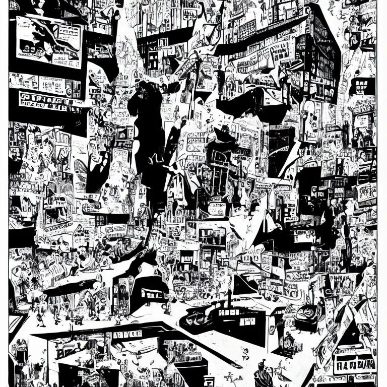 Image similar to we built this city on rock and roll, black and white comic art, lots of musical notes